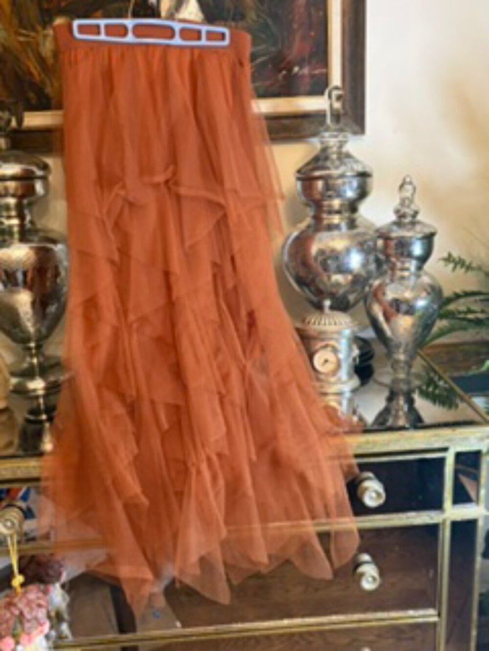 Anthropologie: Chéri Ruffled Tulle Midi Skirt w/ Elastic Waist (L)